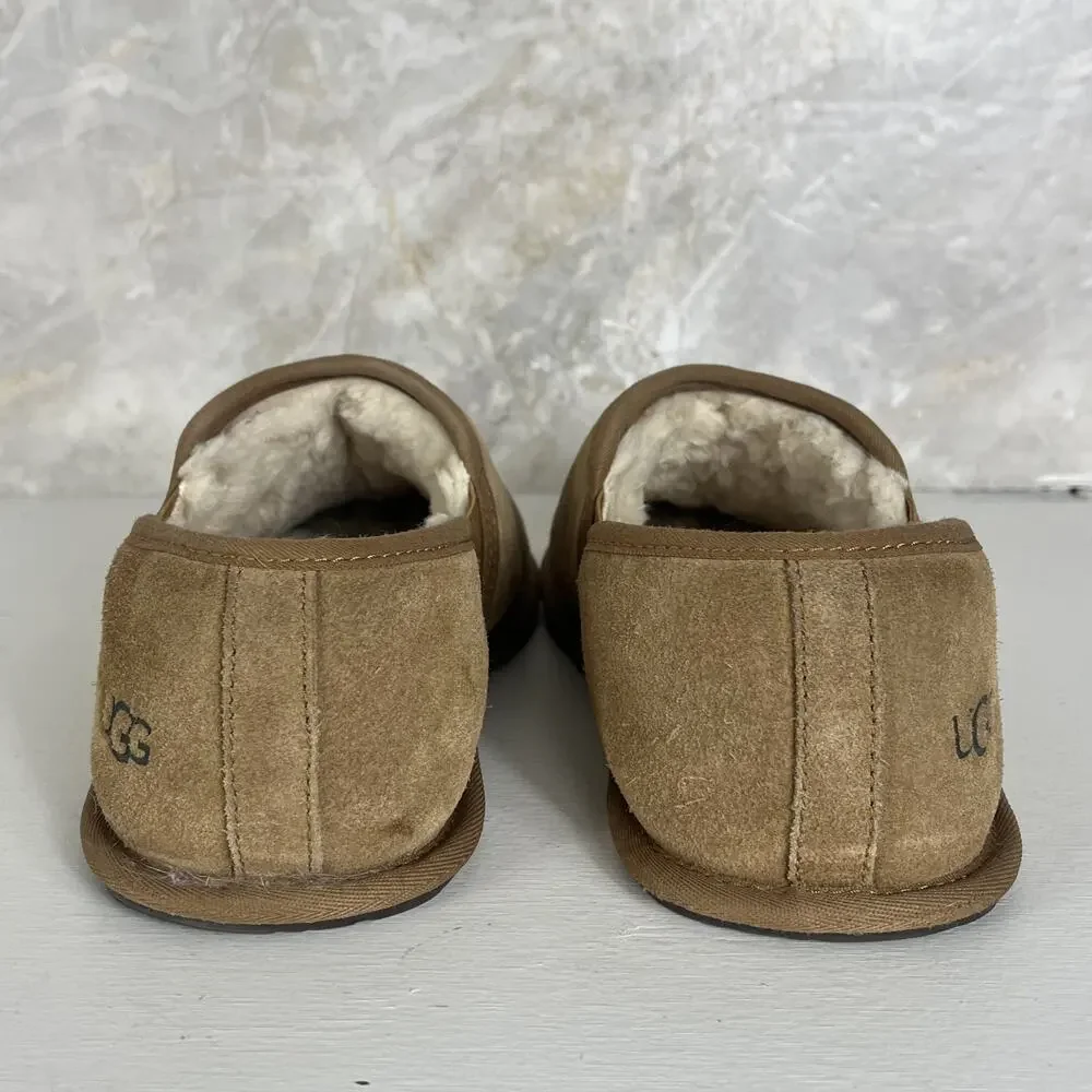 UGG Scuff Romeo Slippers Men’s Size 10 Chestnut Suede Leather Fur Moccasins